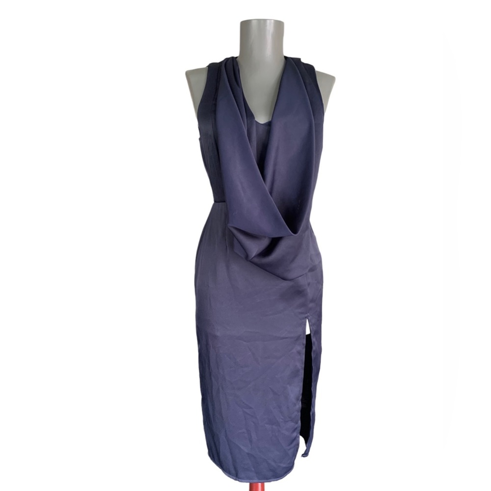 ASOS Petite Satin Dark Blue Back Cut Out Midi Dress Size 2